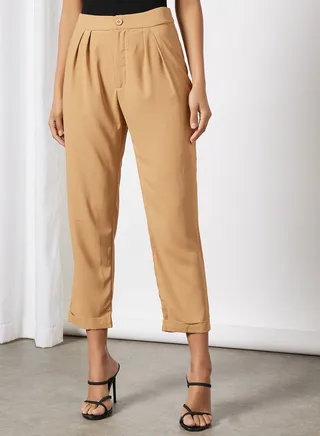 Women High Waist Solid Double Hem Slight Pants Brown 