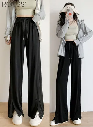 Women'S Lightweight Sun Protection Pants Cool Ice Silk Straight Leg Pants Elastic Waist Drawstring Buckle Wide Leg Pants 