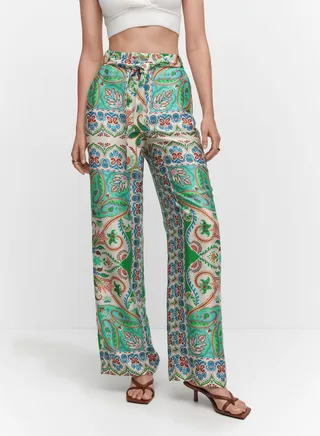 High Waist Printed Tie Detail Pants 