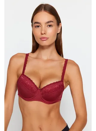 Claret Red Polyamide Lace Detailed Covered Bra THMAW24SU00017 