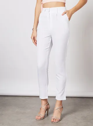 High Waist Ankle Grazer Pants White 