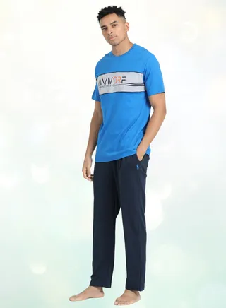 Men's Cotton Pyjama Sets with Round Neck T-shirt in Grey and Black long pants 
