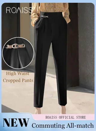 High Waist Slant Pockets Pants for Women Ladies Fashion Solid Color Golden Metal Decor Casual Pencil Pants Female Ankle Length Trousers Business Work Office 