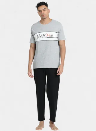 Men's Cotton Pyjama Sets with Round Neck T-shirt in Grey and Black long pants 