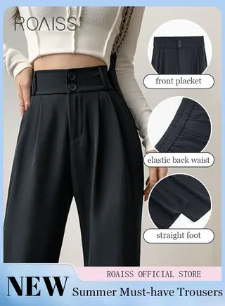 Women’s Wide Leg Trousers Pants High Waisted Two Button Design Business Work Office Casual Straight Leg Long Pants for Ladies Daily Wear Spring Summer Autumn Clothes 