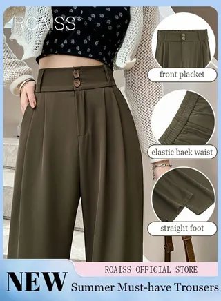 Women’s Wide Leg Trousers Pants High Waisted Two Button Design Business Work Office Casual Straight Leg Long Pants for Ladies Daily Wear Spring Summer Autumn Clothes 
