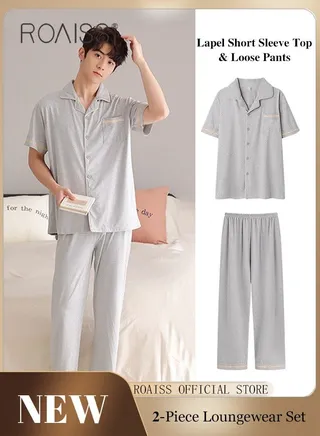 2-Piece Pajama Set Men's Cotton Short Sleeved T-Shirt Long Pants Sets Solid Color Sleepwear Nightgown Male Loose Spring Summer Thin Loungewear Home Clothes 