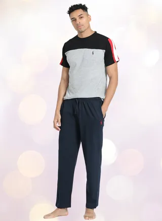 Men's Cotton Pyjama Sets with Round Neck T-shirt in Grey and Black long pants 