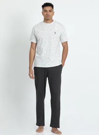 Men's Cotton Pyjama Sets with Round Neck T-shirt in Grey with Dark Grey long pants 