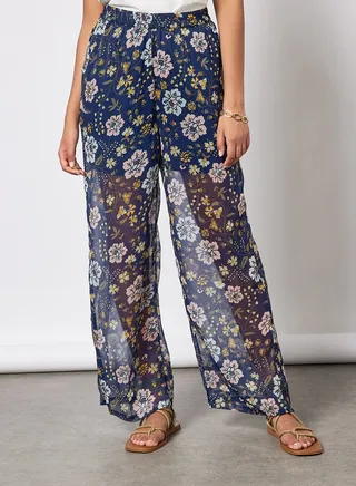 High Waist Floral Print Pants Navy 
