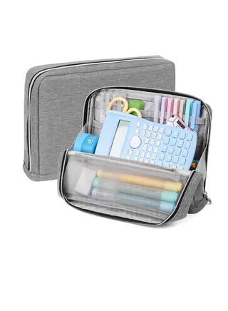 Standing Pencil Case, Big Capacity Pencil Pouch, Large Stationery Organizer Bag, Canvas Office School Supplies, for Primary, Middle, College Students Girls Boys, Grey 