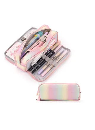 Large Capacity Pencil Case 3 Compartment Pencil Pouch Pen Bag for Teen Girls Boy Men Women (Rainbow) 