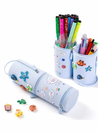 Convertible Vertical Stand Up Cute Pencil Case Box with Decoration Holes for Personalized Anime Cartoon Collectibles on Pencil Bag Pouch for Kids Blue with Zipper 