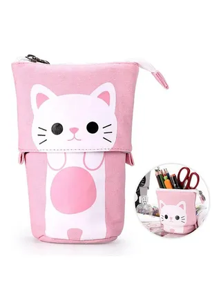 Telescopic Pencil Pouch Standing Pen Holder Cute Pencil Bags Stand Up Pen Case Cartoon Pencil Storage Bags Pink 