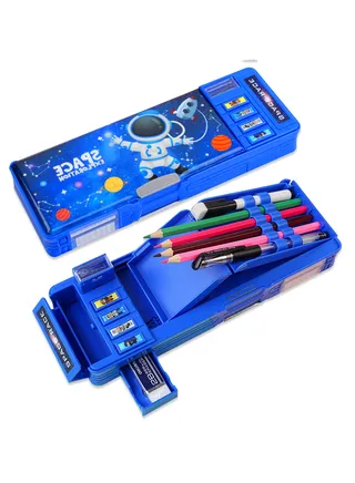 SYOSI Pop up Multifunction Pencil Case for Boys, Cool Cartoon Pen Box Organizer Stationery, Back to School Gift Birthday Present, Pencil Box for Boys with Whiteboard, Sharpener, Schedule, Blue 