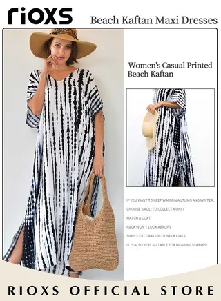 Women's Casual Printed Beach Kaftan Quick Dry Short Sleeve Maxi Dresses Loose Plus Size Long Swimsuit Cover Ups 