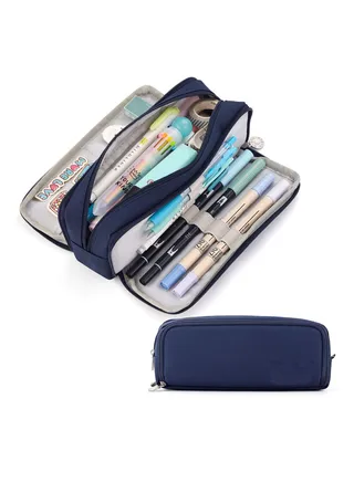 Large Capacity Pencil Case 3 Compartment Pouch Pen Bag for School Teen Girl Boy Men Women (Navy) 