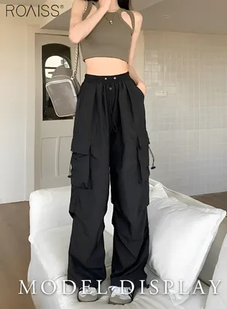 Women's Casual Quick Drying Overalls Multi Pocket High Waist Loose Wide Leg Pants 