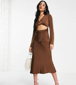 ASOS DESIGN Tall twist front bias midi dress in satin in rust