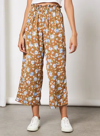 Women Elastic Waistband Solid Wide Leg Pant Brown 
