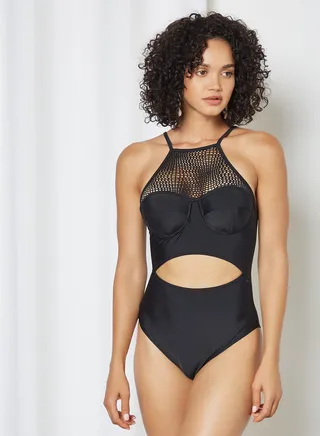 Mesh Panel Open Front Swimsuit Black 