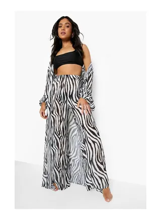 Petite Zebra Print Mesh Wide Leg Trouser 