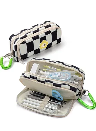 Pen Pencil Case Large Capacity Canvas Pouch Storage Bag with Removable Spring Strap Checkerboard Plaid for School Office College (Black White Plaid) 