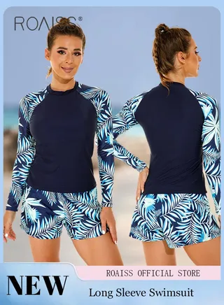 Women One Piece Swimsuit with Boxer Shorts Fashionable Print Design One Piece Beach Suit Women Long Sleeved Sun Protection Surfing Wetsuit 