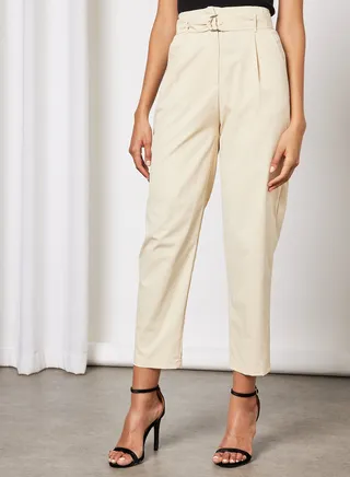 Self Belt Slight Open Hem High Waist Pants Beige 
