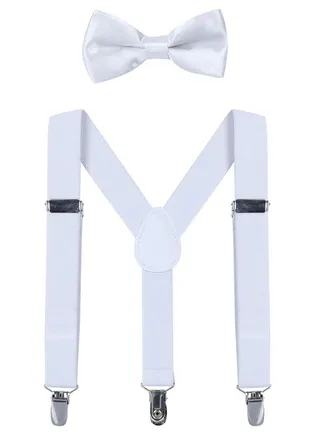 S SYMEFER Y Shaped Suspender With Bow Ties Set for Child Kids, One Size Fully Adjustable Suspenders Braces Bowtie Set Gift Idea For Kids Boys And Girls-White 
