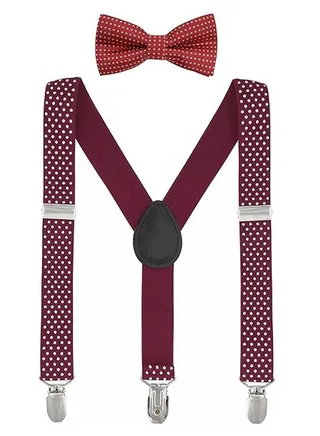 Kids Braces with Bow Tie Set for 1-6 years Kids Unisex Trousers Shorts Tutu Suspenders 3 Clips Y shape Adjustable Elastic Straps Polka Dots-Wine Red With White Dot 