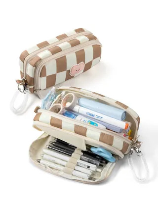 Large Pencil Case, Canvas Pencil Pouch with 3 Compartments & Removable Spring Strap, Checkerboard Plaid Pencil Storage Bag for Teen Boys Girls School Students (Brown White Plaid) 
