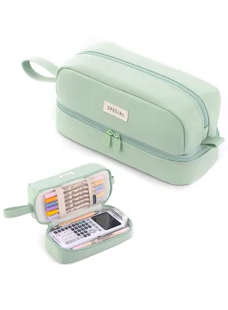 Large Pencil Case, Big Capacity Large Pencil Cas,e Canvas Pen Pouch Bag with 2 Compartments for Girls Boys Teen School Students Adults, Stationery Pouch Pen Case for Office (Green) 