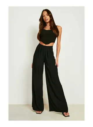 High Waisted Crepe Wide Leg Trousers 