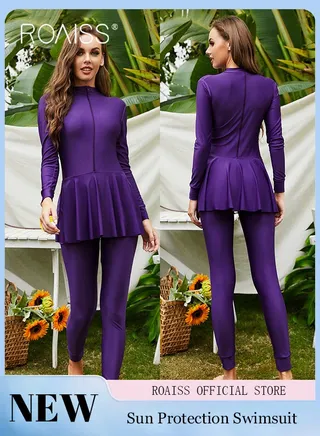 3 Piece Women Conservative Colorblock Swimsuit Set Muslim Sun Protection Swimwear Swimming Trousers Cap Ladies Loose Beachwear Dress Arab Clothing 