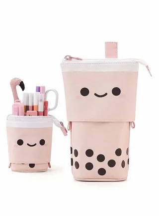 Cute Boba Milk Tea Pen Pencil Telescopic Holder Stationery Case with Kawaii Smile Face, Standing Pencil Case, Cute Stationery 