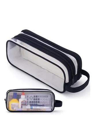 Large Grid Mesh Pencil Case 2 Compartment Pen Bag Clear Handheld Multifunction Pencil Pouch Transparent Makeup Bag for Teen Student College Business Travel Office Adult Black 