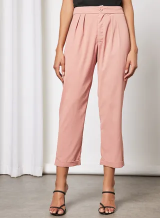 Women Solid Double Hem Slight Pants Pink 