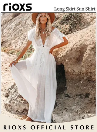 Women's Deep V Neck Maxi Dress Bikini Cover Up Beach Swimwear Ruffle Short Sleeves Cardigan Button Dress 