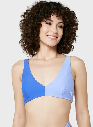 Logo Color Block Plunge Swim Top