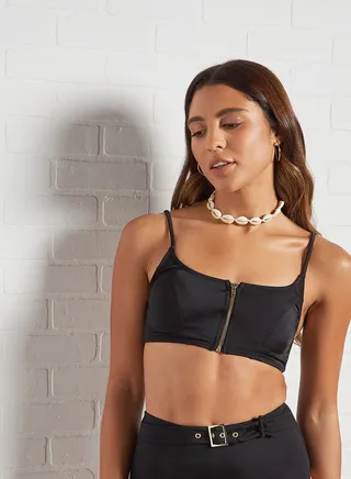 Front Zip Bikini Top Black 