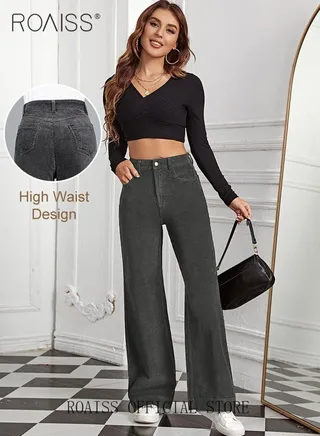 High Waist Wide Leg Pants for Women Pure Cotton Corduroy Soft Elastic Trousers Ladies Mom's Slant Pocket Long Pants Casual Plain New Arrival Trendy Straight Baggy 