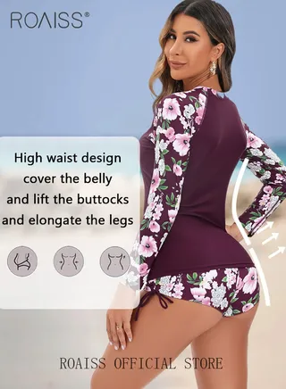 Women One Piece Swimsuit with Side Tie Boxer Shorts One Piece Beach Suit Women Long Sleeved Sun Protection Surfing Wetsuit 