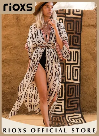 Women's Summer Fashion Printed Print Kimono Casual Open Front Cover up Long Cardigan Loose Beach Swimsuit Cover up 