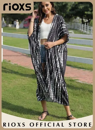 Women's Casual Printed Beach Cover Ups Short Sleeve Kimono Cardigan Loose Beach Swimsuit Dress 