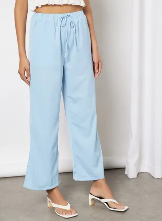 Women High Elastic Band With Strings Wide Leg Pants Blue 