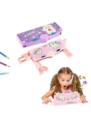 Pencil Case, 2 Pieces Multifunctional Pencil Box for Kids, Pencil Box with Buttons Cartoon Pattern, Stationary Set with Compartments, Scissors and Pencil Sharpener 