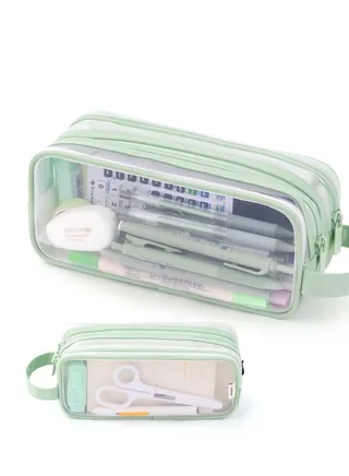 Large Capacity Pencil Case, Grid Mesh Pencil Case, 2 Compartment Pen Bag, Clear Handheld Pencil Pouch Transparent Makeup Bag for College School Office Teen Girl Boy Women Men Adult (Green) 