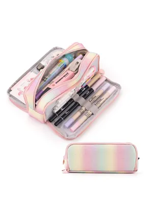 Large Capacity Pencil Case 3 Compartment Pencil Pouch Pen Bag for Teen Girls Boy Men Women (Rainbow) 