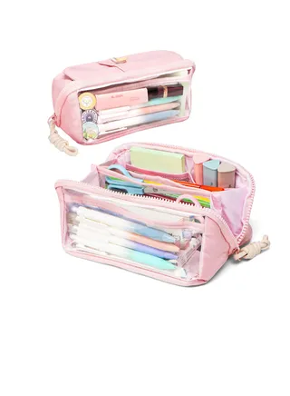 Large Pencil Pouch, Big Capacity Pencil Case with 5 Compartments, Multifunctional Cosmetic Bag, Simple Stationery Organizer, College Office Travel Storage Bag for Girls Adult, Pink 